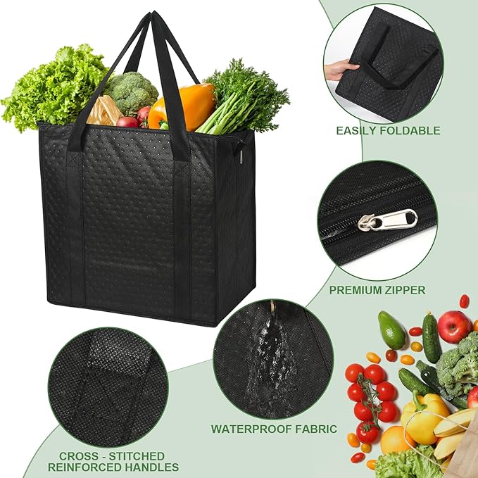 20 Pcs Insulated Shopping Bags for Groceries with Zipper & Handles, Large Foldable Cooler Bags for Hot & Cold Food