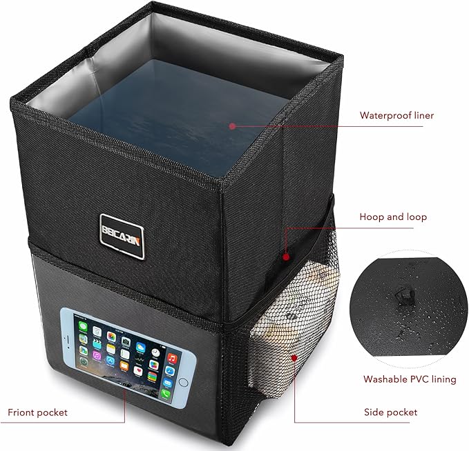 Beicarin Car Trash Can with Lid - Car Trash Bag Hanging with Storage Pockets Collapsible and Portable Car Garbage Bin, Leak-Proof Car Organizer, 1.82 Gallons Multipurpose Trash Bin for Car