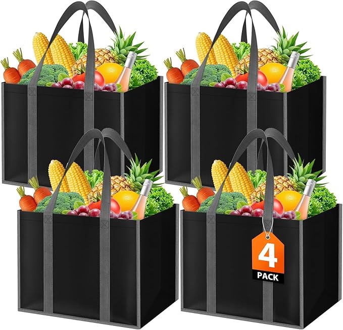WISELIFE Reusable Grocery Bags with Handles - 4 Pack, 35L Large Shopping Bags for Groceries, Water-Resistant & Foldable Grocery Totes for Lasting Use for Kitchen, Market, Car Trunk, Picnic (Black)