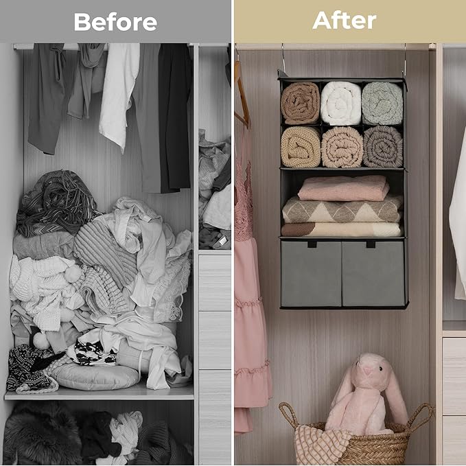 GRANNY SAYS Hanging Closet Organizer with Drawers, 4 Shelf Dividers Closet Hanging Organizer, Foldable Hanging Shelves for Wa