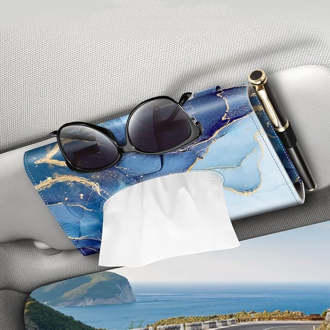 CaseBot Car Visor Tissue Holder, Sun Visor Napkin Holder, Mask Holder, PU Leather Backseat Tissue Box for Truck SUV, Ocean Marble