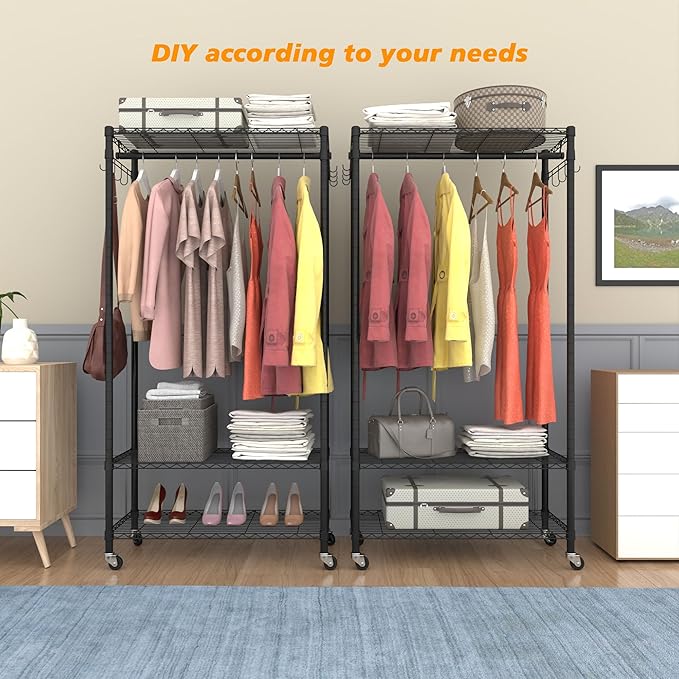 Rolling Portable Garment Rack,Freestanding Clothes Racks, Portable Closet Wardrobe with 3 Adjustable Wire shelves,2 Side Hook