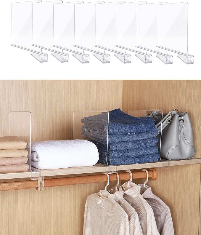 Clear Acrylic Shelf Dividers, Closet Shelf Divider and Closet Separator for Organization in Bedroom, Kitchen and Office Plast