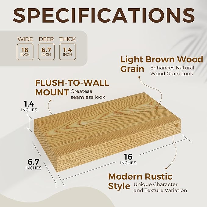 Dreamland 16 Inches Floating Shelves for Wall,6.7 Inch Deep Floating Shelves Set of 2, Large Display & Storage Shelf, Wall Sh