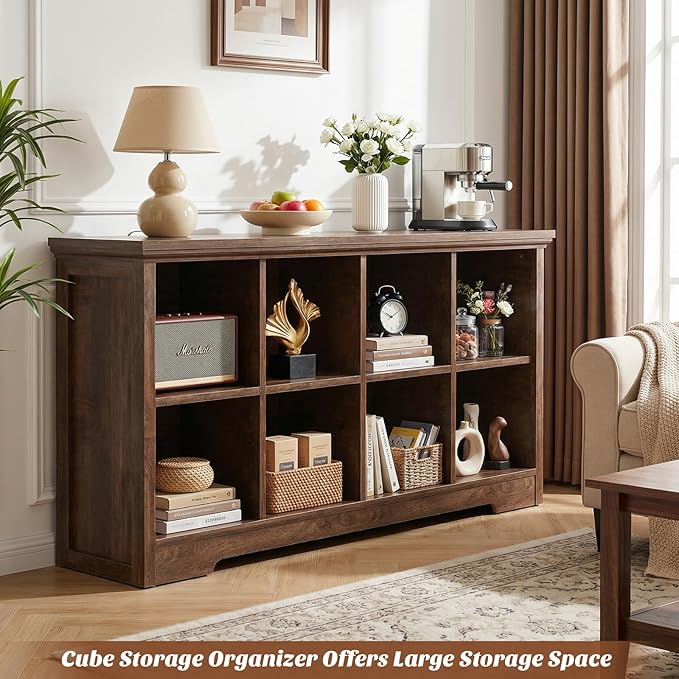 Aheaplus Wooden 8-Cube Storage Organizer with Charging Ports, Modern Cube Bookcase with Base, 3-Tier Floor Standing Open Cubb