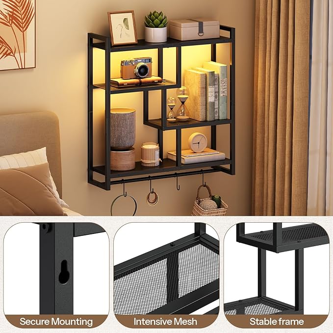 HOOBRO Gaming Floating Shelves with LED Lights, 28.7" LED Wall Mounted Shelf, 4-Tier Floating Wall Shelf for Storage, Display