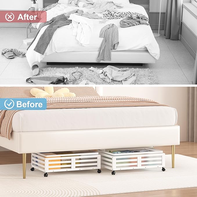 Under Bed Storage Containers With Wheels - 2 Pcs Bamboo Wood Rolling Underbed Shoe Storage Bins With Dust Bags for Clothes Bl