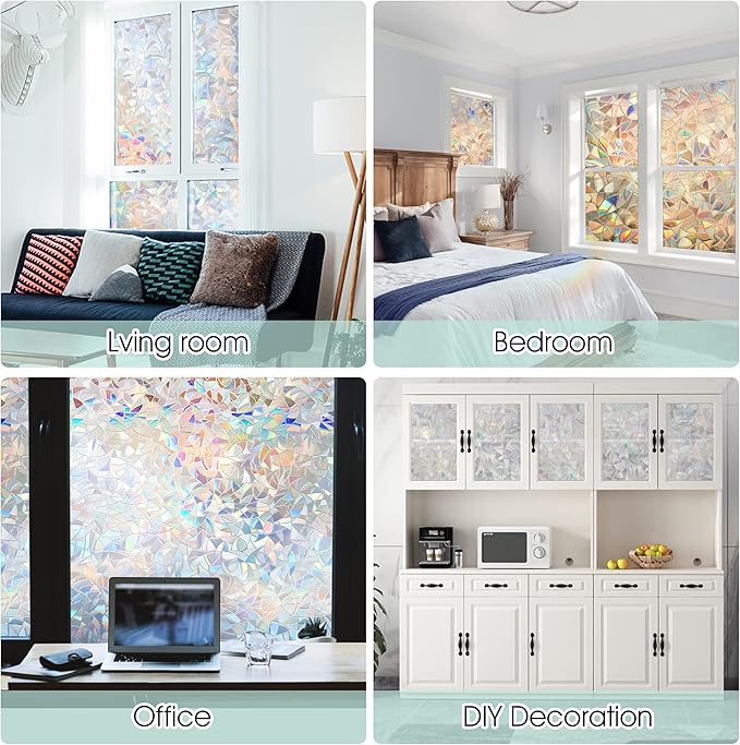 STATINT Privacy Window Film,Decorative Stained Glass Film,Rainbow Static Cling Heat Control Non-Adhesive Window Stickers for Home Door Decals,17.3 Inch X 13.1 Feet