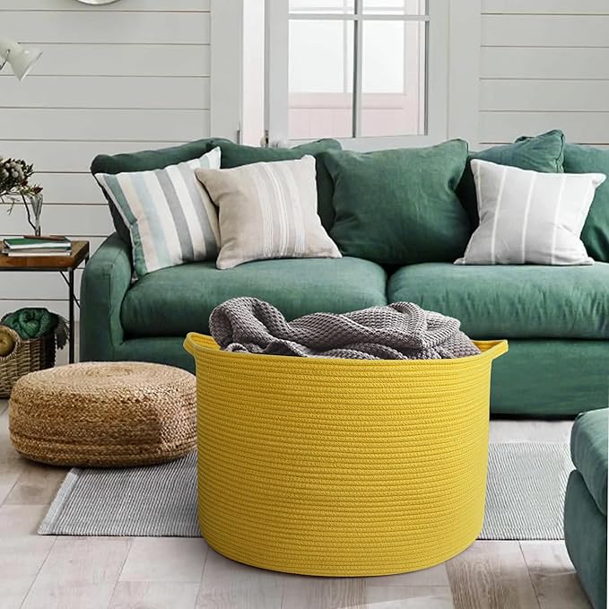 MEGASKET Extra Large Yellow Basket, 22” X 22” X 14” Cotton Rope Yellow Decor for Living Room Bedroom, Woven Basket for Blanke