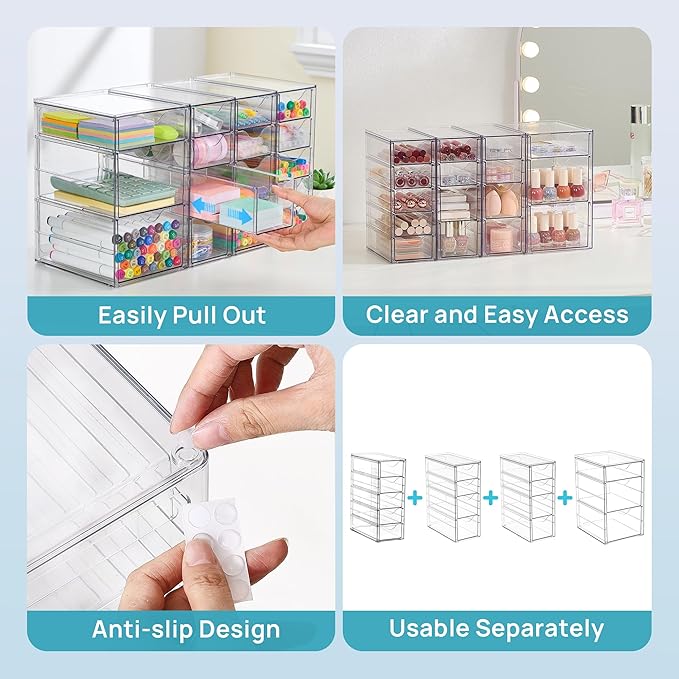 Vtopmart 4 Set Clear Desk Organizer, Pen Organizer with 16 Drawers, Acrylic Desktop Organization and Storage for Office Suppl