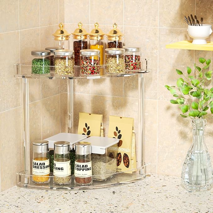 NPPLUS 2 Tier Acrylic Bathroom Counter Organizer, Clear Bathroom Countertop Corner Organizer, 2-Tier Corner Storage Shelf Van