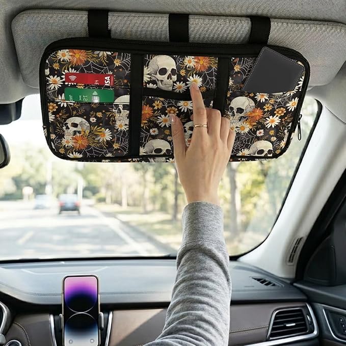 Skull Daisy Zippered Auto Car Sun Visor Organizer with Adjustable Straps and Multi-Pocket Car Sun Visor Storage Box with Picture Holder Easy Installation Universal Fit for Most Cars SUV