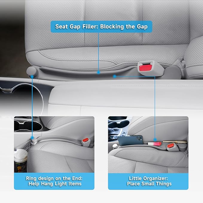 Car Seat Gap Filler Set of 2, 3IN1 Seat Side Gap Filler Plug with Storage Slot & Hook Function, Soft Foam Universal Fit Car SUV Truck Fill Gap Between Seats Console Organizer（Narrow Gray）