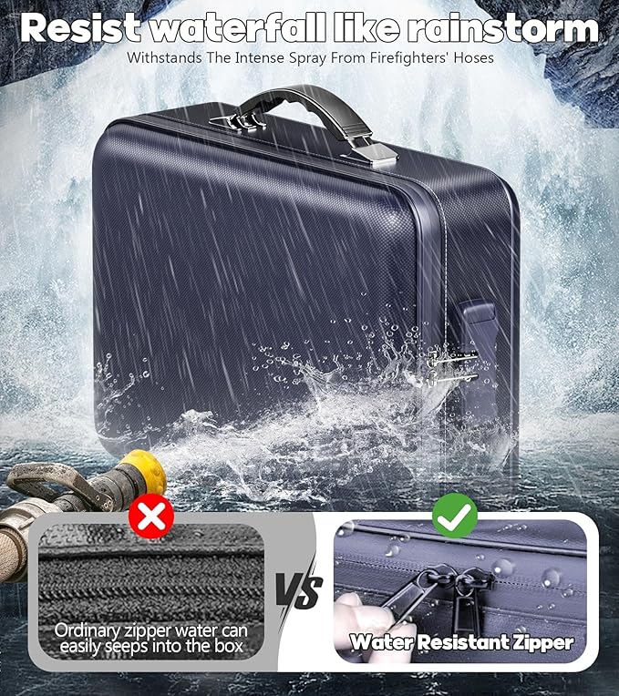 Fireproof Document Box, Hard Case Highly Flame-Resistant Fire Proof Waterproof File Organizer with Lock, Portable Fire Safe f