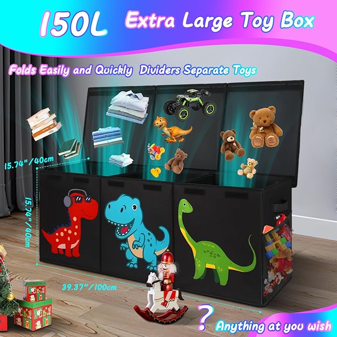 Mabahoo Extra Large Toy Box Chest, Collapsible Sturdy Kids Storage Organizer Bins with Lids, Black Dinosaur Toy Chest for Boy
