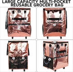 Reusable Grocery Bag On Wheels, 70L Foldable Shopping Cart with 6 Pockets & 3-Way Carry, Heavy Duty Handles, Zipper Closure for Travel, Shopping, Laundry, Medium, Rose Gold