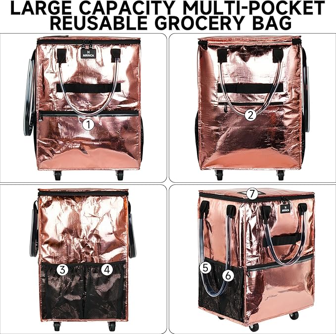 Reusable Grocery Bag On Wheels, 70L Foldable Shopping Cart with 6 Pockets & 3-Way Carry, Heavy Duty Handles, Zipper Closure for Travel, Shopping, Laundry, Medium, Rose Gold
