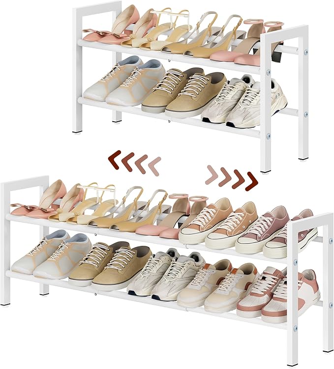 FAVOOSTY 2-Tier Expandable Shoe Rack, Adjustable Shoe Shelf Storage Organizer Space Saving Metal Free Standing Shoe Rack for 