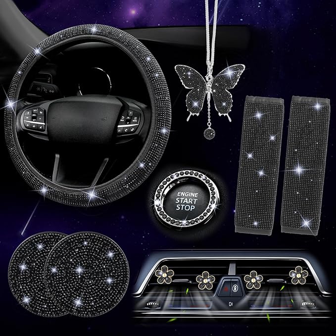 ARTILAURA 11 PCS Bling Car Accessories Set for Women Steering Wheel Covers Butterfly Hanging Seat Belt Cover Air Vent Clips Coasters Cute Glitter Diamond AUTO Accessories Kit (Black)