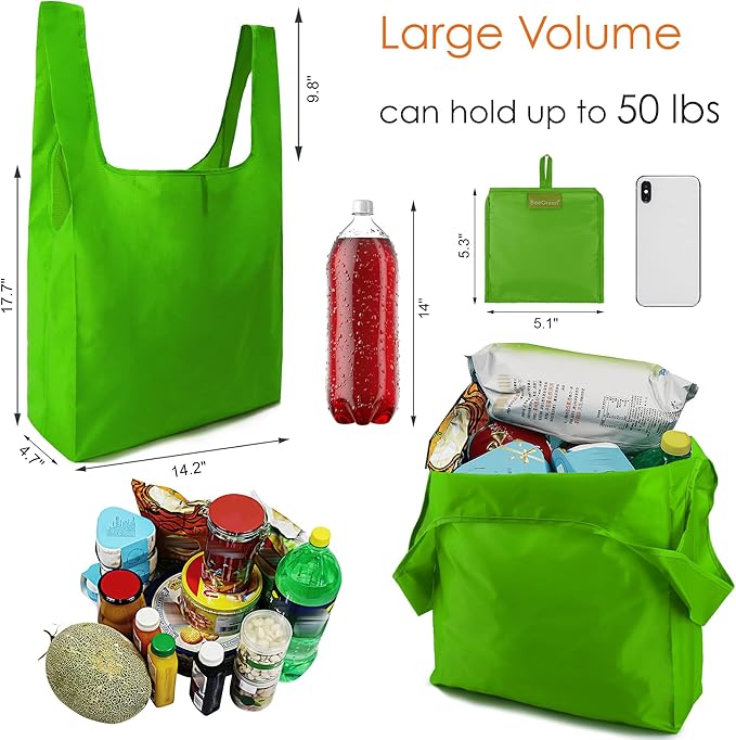 BeeGreen Christmas Green Reusable Grocery Bags Dark Green Reusable Kitchen Bags Bulk Foldable-Machine Washable with Zipper Storage Pouch 50 Packs