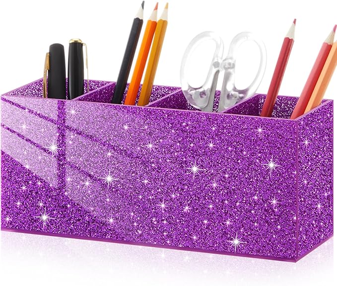 Jetec Acrylic Glitter Pen Holder 4 Compartments Bling Makeup Brush Stationery Organizer Pencil Holder for Desk Accessories Sp