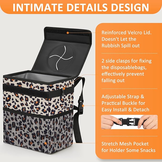 3 Gallons Cute Car Trash Can, Car Accessories for Interior Leak Proof Can Trash Bag Hanging Waterproof Automotive Vehicle Garbage Cans Leopard Print Pattern