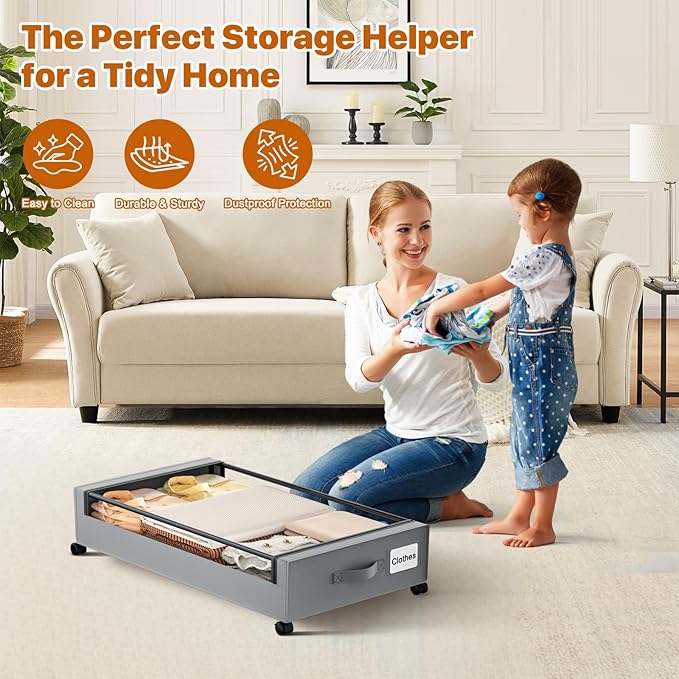 Under Bed Storage with Wheels,XXL 60L Under Bed Storage Containers with Clear Lids, Rolling Under Bed Metal Drawer for Clothe