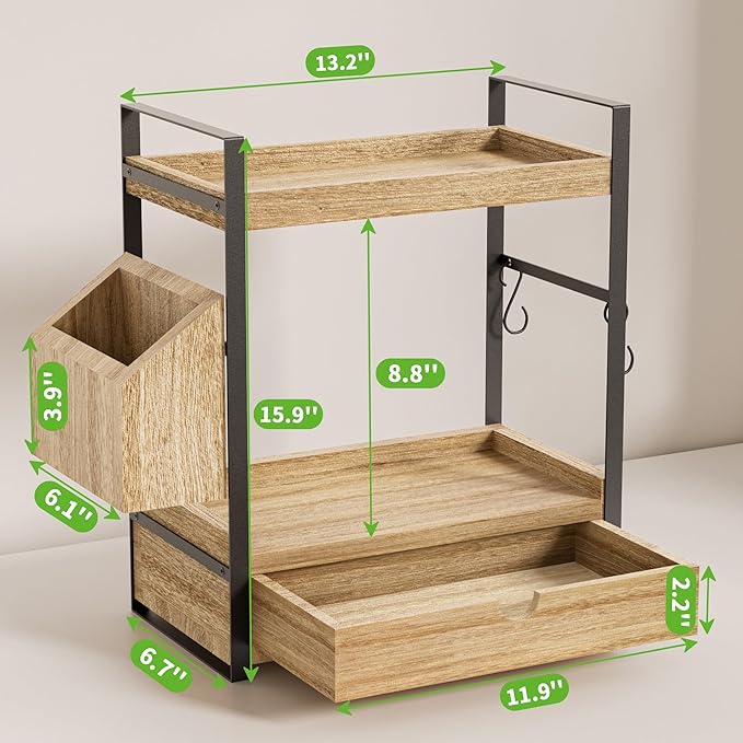Kottwca 2-Tier Bathroom Counter Organizer with Drawer, Basket & Hooks, Wooden Vanity Shelf for Skincare, Perfume & Makeup Sto