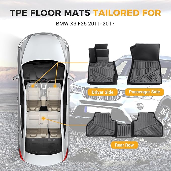 All Weather Floor Mats Compatible with 2011-2017 BMW X3 F25, 3D TPE Rubber Full Cover Protection Car Mats Full Set Liners Black