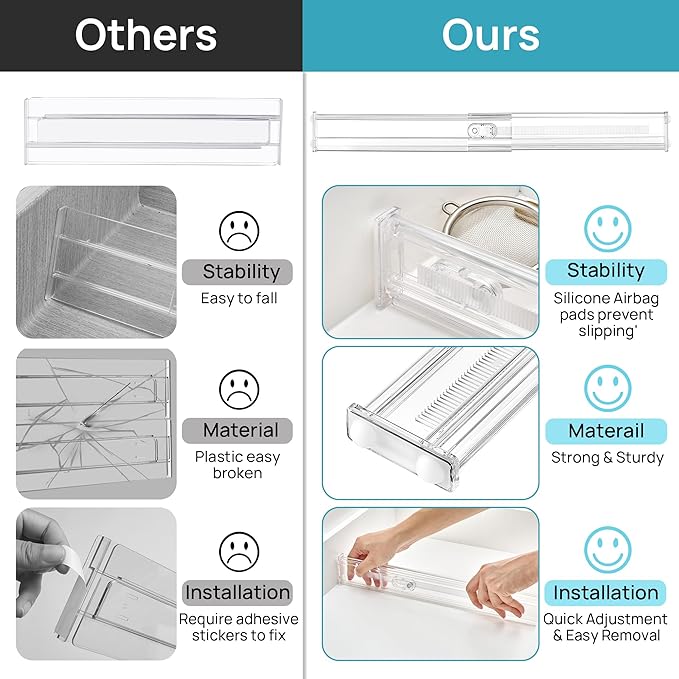Vtopmart 12 Pack 2.36" Short Upgrade Drawer Dividers for Kitchen Drawer, 12.8"-22.3" Expandable Kitchen Drawer Organizer, Cle