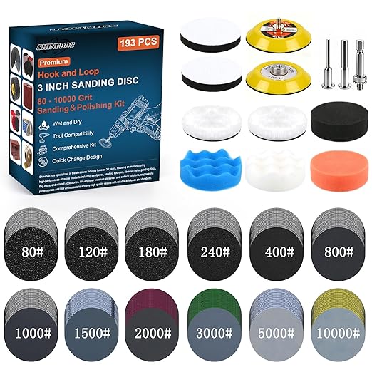 193Pcs 3 Inch Polishing Kit Hook and Loop Sanding Discs, Headlight Restoration Kit - 80 to 10000 Grits Wet Dry Sandpaper Buff