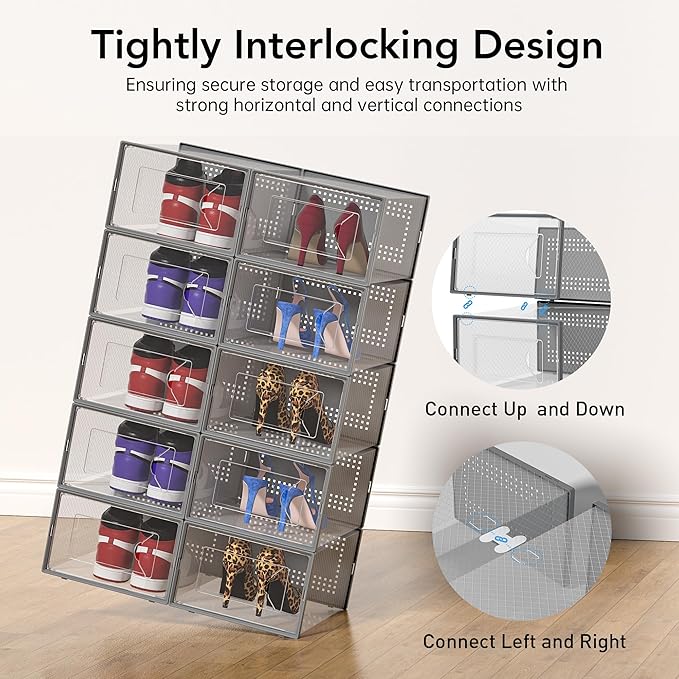 Foluck X-Large Shoe Storage Box, 15 Pack Clear Plastic Stackable Shoe Organizer for Closet, Interlocking Design Shoe Containe