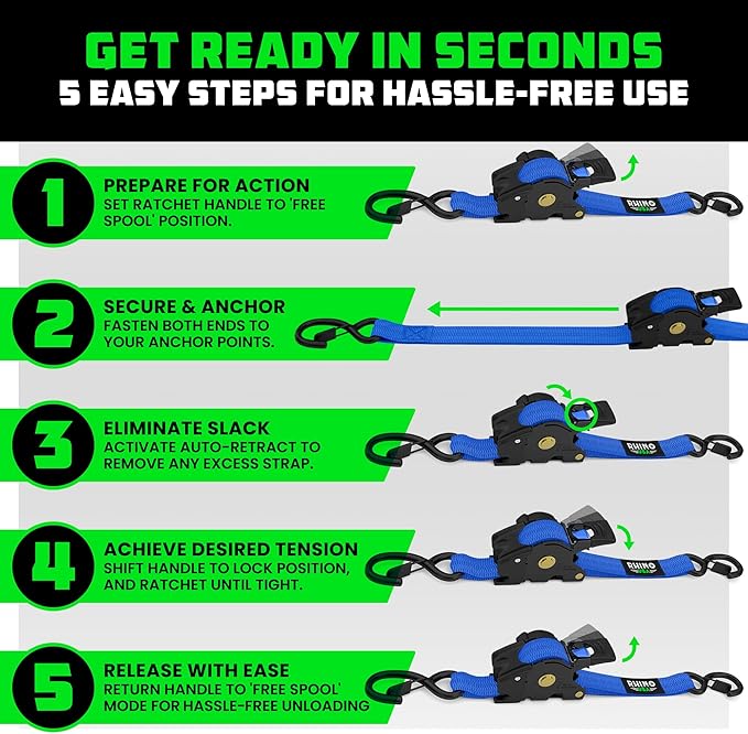 Rhino USA Retractable Ratchet Straps (4-Pack) - 1 Inch x 10 Feet (1,209lb Break Strength) - Auto Self Retracting Tie Down Straps for Truck, Cargo Trailer, Motorcycle, ATV, UTV - Blue