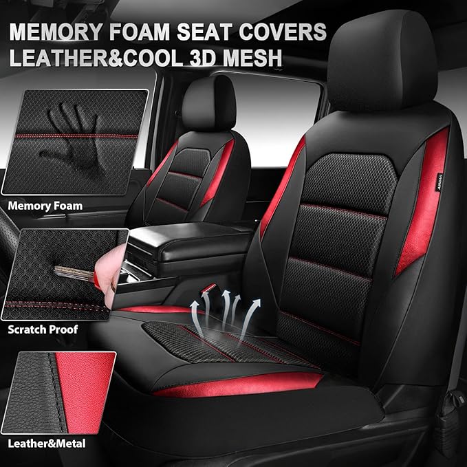 CAR PASS Memory Foam Leather Seat Covers,Air Cool Mesh Thick Car Seat Covers Front Seats Red Leather Seat Covers for Cars Uni