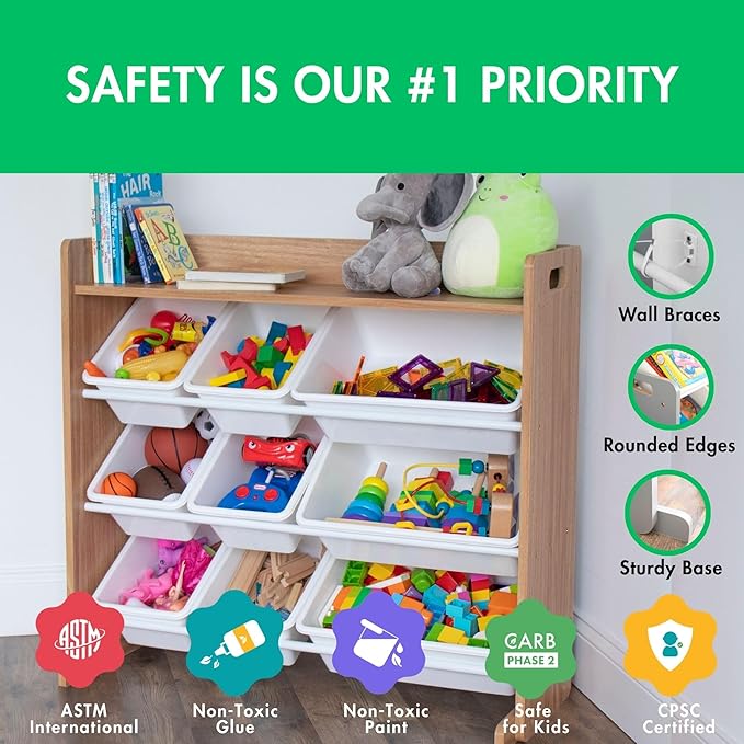 Humble Crew Toy Storage Organizer with Top Shelf and 9 Removable Bins, Natural/White – Toddler Bookshelf with Toy Organizer -