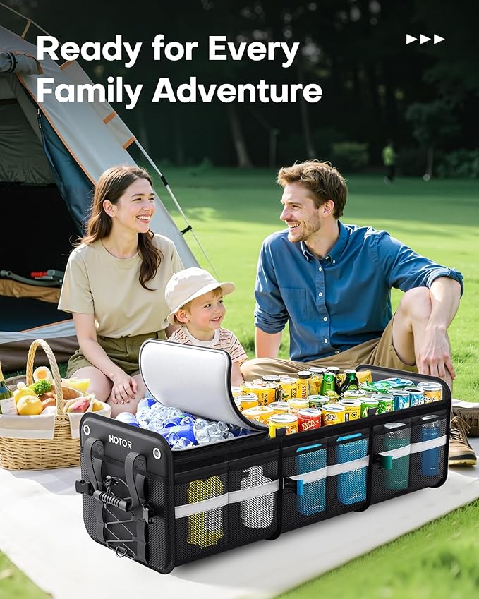 HOTOR Trunk Organizer - 3-Compartment Car Organizer and Storage with Cooler Bag, Foldable Car Storage Organizer for SUV with