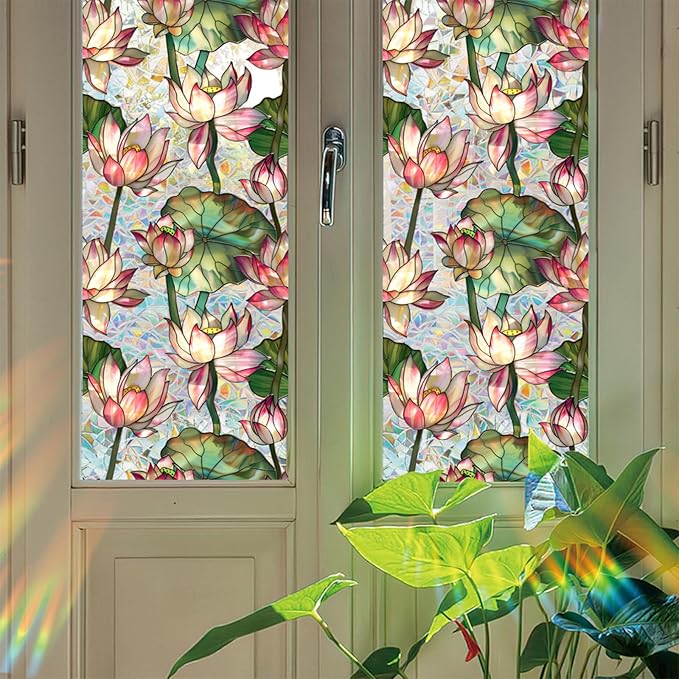 Niviy Lotus Flowers Stained Glass Window Film, Rainbow Window Film Glass Decals Sun Protection Decals for Car Moonroof, Windows Tint for Home Bathroom (16.93 x 39.37inch)