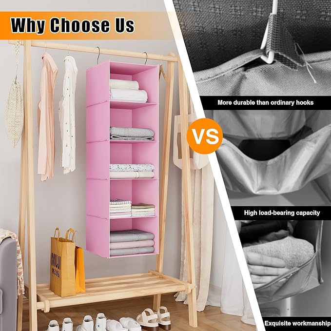 Hanging Closet Organizer, Easy Mount Foldable 5-Shelf Hanging Closet Wardrobe Storage Shelves, Clothes Handbag Shoes Accessor