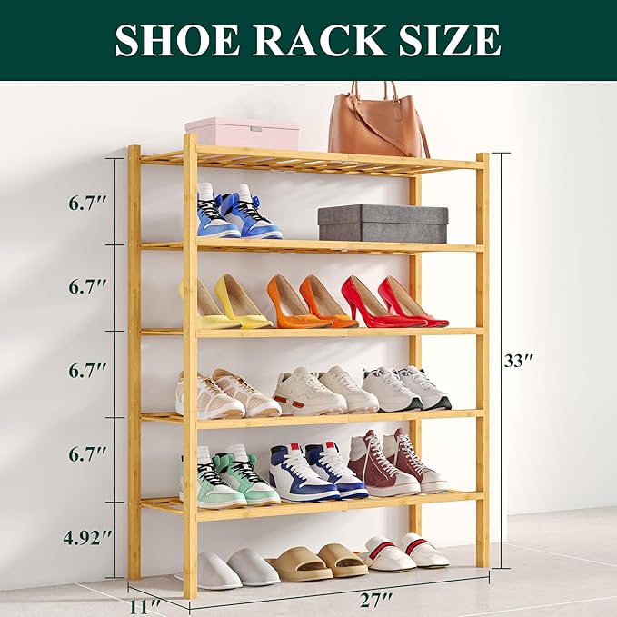 Smiry Shoe Rack, 5 Tier Bamboo Shoe Organizer, Stackable Free Standing Wooden Shoe Storage Shelf for Closet, Entryway, Front 