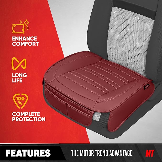 Motor Trend Faux Leather Front Seat Cover for Cars - Set of 2 Burgundy Front Car Seat Covers for SUV & Truck with Storage Poc