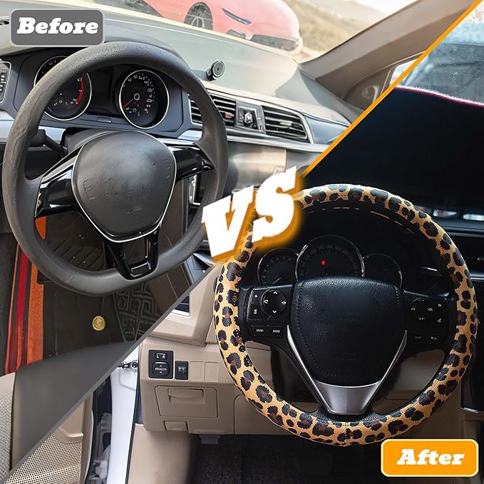 Universal Leather Leopard Cheetah Steering Wheel Cover Women 14.5-15 inch Leopard car Accessories Western Anime Brown Cute Wh