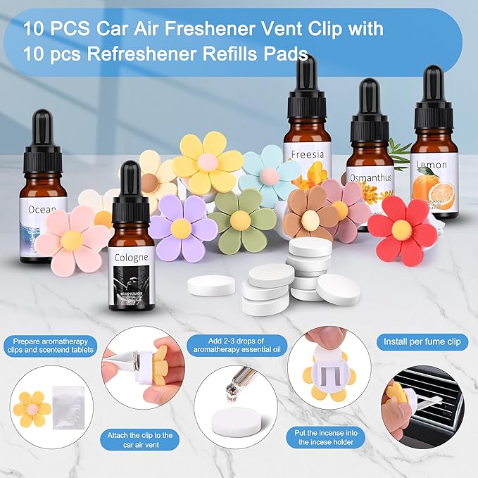 25 Pack Car Air Fresheners, 10 PCS Flower Car Air Vent Clip with 5 Essential Oil Scents & 10 Refill Pads