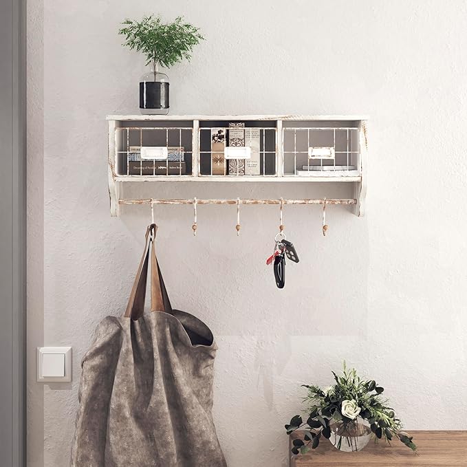 BizChair Wall Mounted Storage Rack - Whitewashed Solid Pine Wood - 24 Inch - Upper Shelf - 5 Hooks - Wire Baskets - For Entry