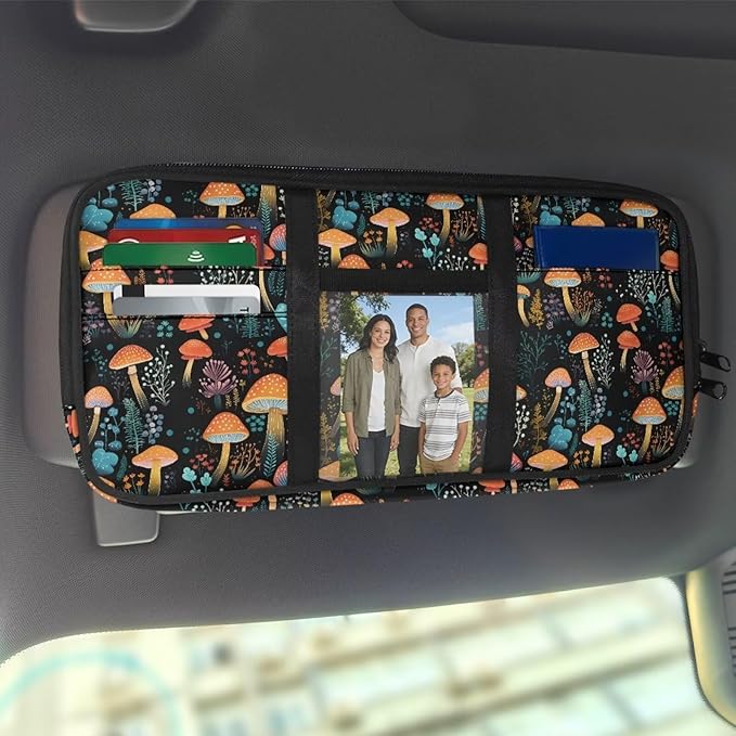 Mushroom Car Sun Visor Organizer, Auto Interior Visor Storage Pouch Holder with Zipper, Auto Interior Accessories Multi-Pocket Universal Car Accessories for Card, Document