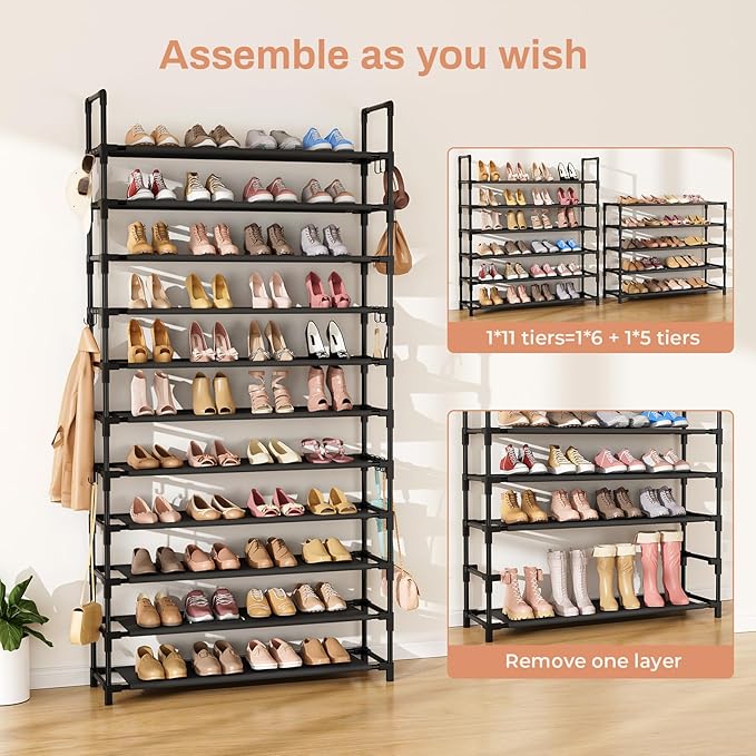 LANTEFUL 11 Tiers Tall Shoe Rack Holds 55 Pairs of Shoes with 18pcs Hooks Sturdy Wide Shoe Organizer Storage Free Standing Me