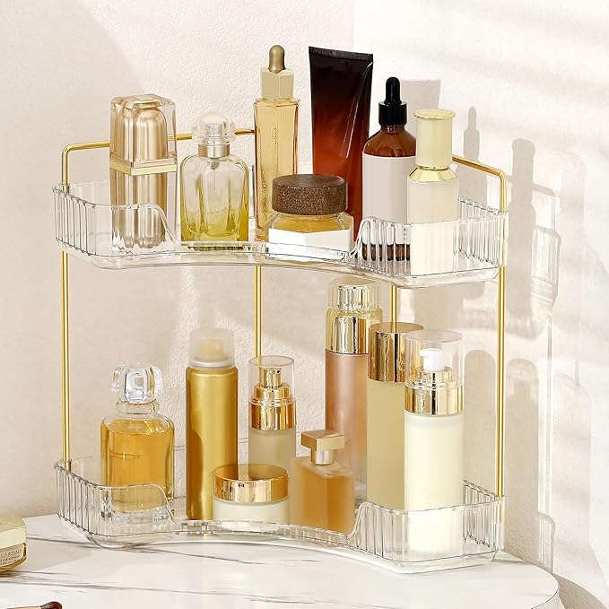 Corner Bathroom Counter Organizer Bathroom Countertop Shelf Makeup Organizer for Vanity Perfume Tray for Corner Storage (2 Ti