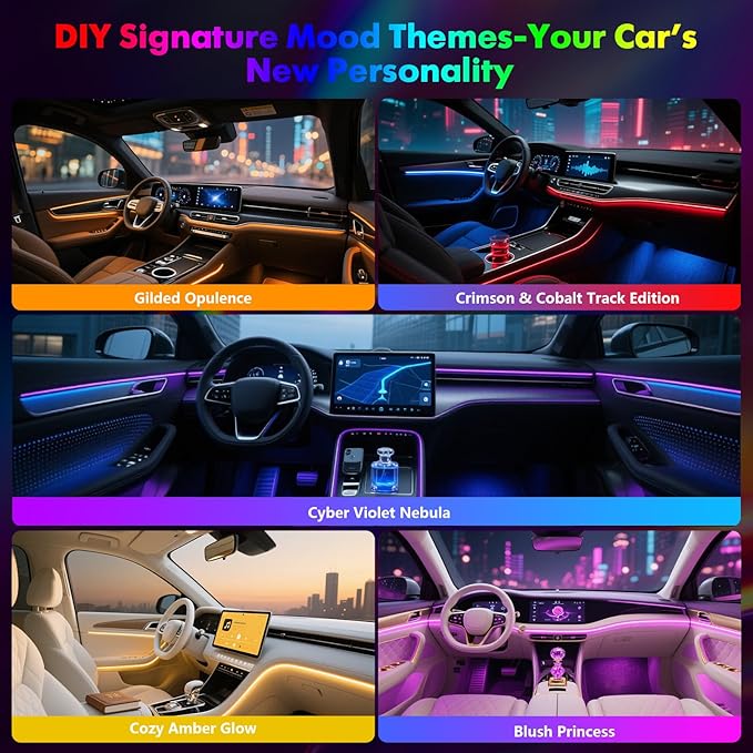 New Version Dreamcolor Acrylic Interior Car Lights 6 in 1 RGB LED Strip Lights with APP Control 252 Color Modes DIY Fiber Optic Ambient Lighting Kits Music Car Neon Light Kits
