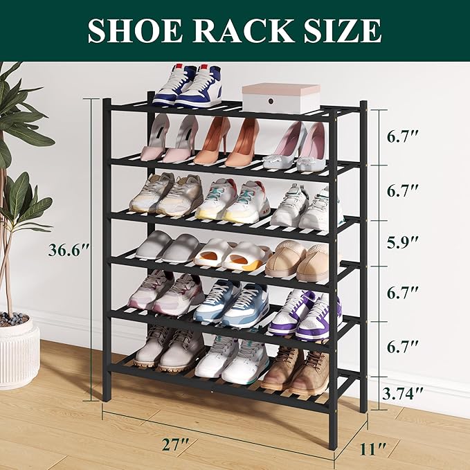 Smiry Bamboo Shoe Rack for Closet, 6 Tier Wooden Stackable Shoe Organizer, Free Standing Shoes Storage Shelf for Entryway, Fr