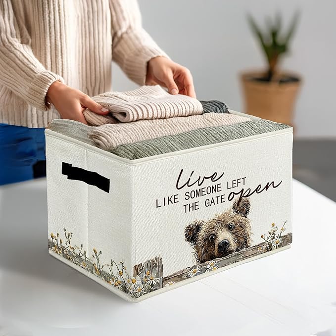 Rustic Bear Storage Bins & Boxes with Handles, Farmhouse Bear Foldable Basket for Organizing, Live Like Someone Left the Gate