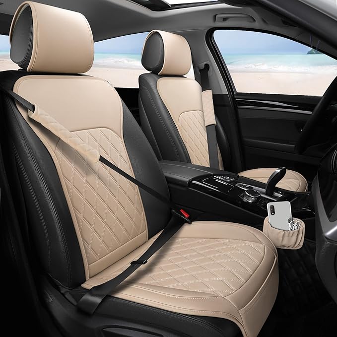 Sanwom Front Car Seat Covers - Leather Seat Covers with Storage Pocket and Two Belt Pads, Anti-Slip Waterproof Universal Seat